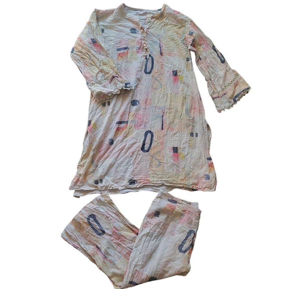 ETHNC Kurta Salwar Set Abstract Art Print Lace Shell Linen Cotton Flowy